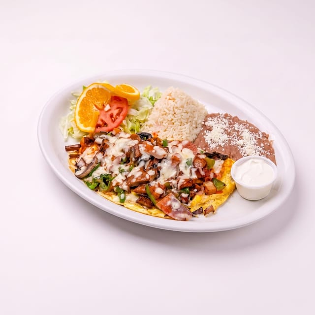 Omelet Perlas, Jamon, Chorizo, Papas & Queso.